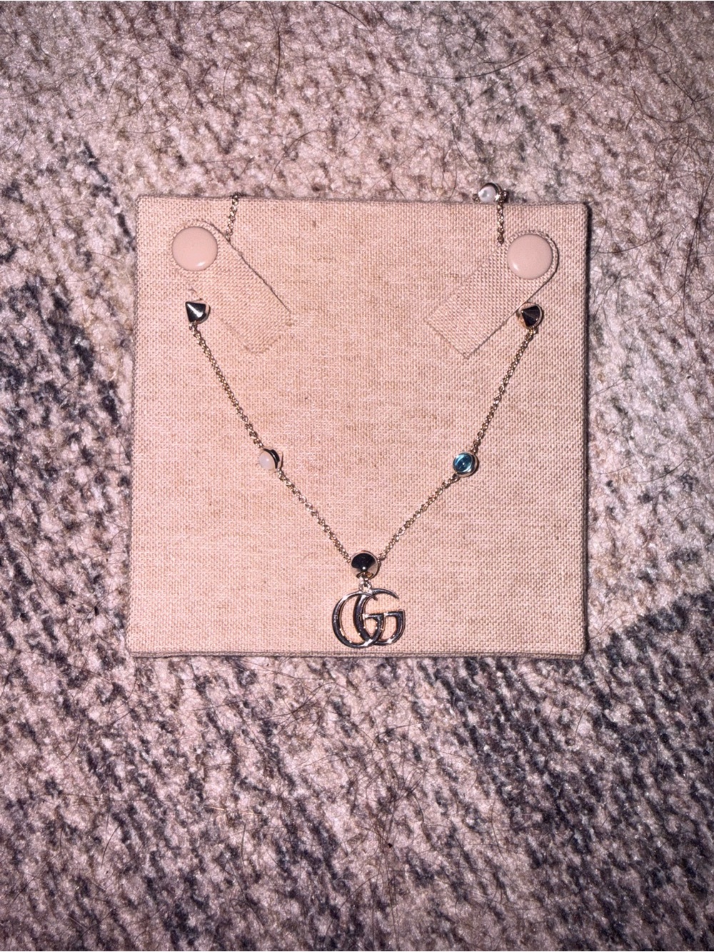 Gucci Gold Double G Necklace with Pearl and Blue Accent Stones